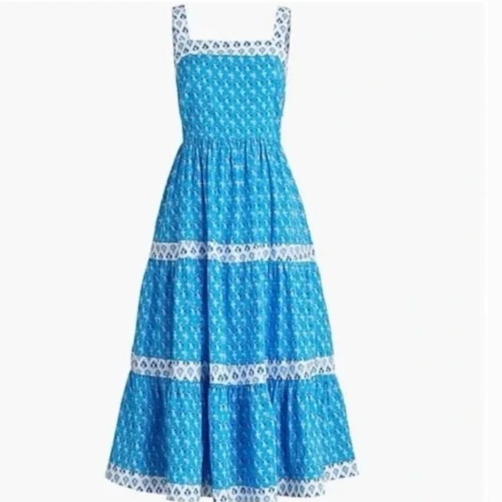 J. Crew Square Neck Tiered Midi Dress Block Print Combo Sz 4P